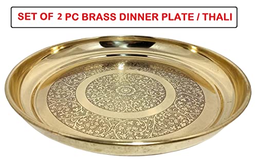 Image of A & H ENTERPRISES Brass Dinner Thali 11 Inch (27 cm) | Heavy Duty Round Brass Plate for Dining, Serving & Pooja | Etching Flower Design Traditional Khumcha Plate (Set of 2 Pc)