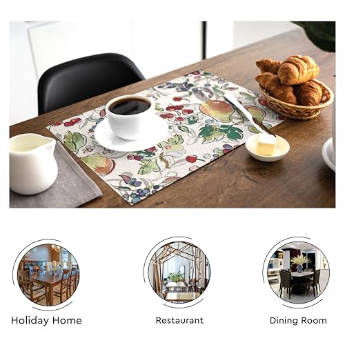 Image of Encasa XO Boho Jacquard Woven Dining Table Placemats, Vintage Fruit | Tapestry Style | Machine Washable | Stain & Heat Resistant | Non-Fading Non-Shrink Fabric | Set of 4