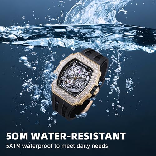 Image of TSAR BOMBA Men's Automatic Watch Tonneau Luxury Skeleton Watches for Men Mechanical 50M Waterproof Analogue Watches Mens Unique Cool Square Big Face Dial Wristwatch with Silicone Strap Band