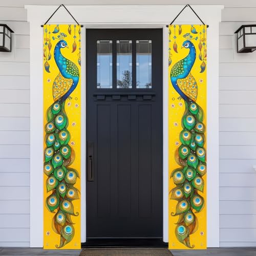 Image of BlissYard 2pcs Spring Summer Door Banner Stained Peacock Porch Banner Hanging Porch Banner Summer Decor for Outside Seasonal Outdoor Indoor Elegant Home Decoration Supplies