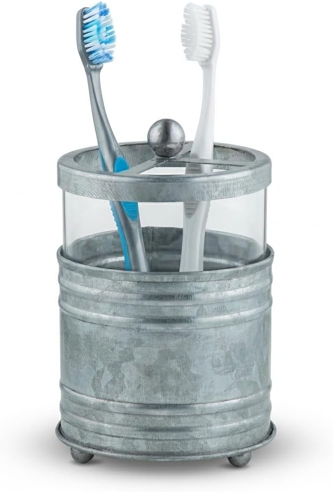 Autumn Alley Glass and Galvanized Toothbrush Holder - Rustic Farmhouse Toothbrush Holder for Bathroom - Charming Galvanized Rustic Bathroom Accessories