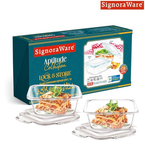 Image of Signoraware Safe Store Glass Square Containers | Airtight & Leakproof | Microwave Safe | Ideal for Reheating, Baking or Serving | Best for Office Lunch & Outdoor Activities (320mlx2 | Setof2 | Clear)