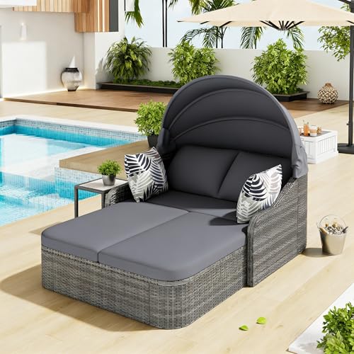 Mrwoo Gartenmöbel Set Sonneninsel Gartenlounge Set Graues PE-Rattan Verstellbares Baldachin Neigbare Rückenlehnen 4 Kissen Witterungsbeständig Einfach Montierbar für Garten Pool Terrasse