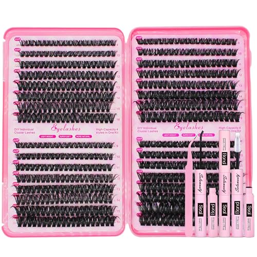 Selawasty DIY Lash Extension Kit 616pcs Individual Lashes Clusters D Curl Eyelash Extensions Kit with Lash Bond and Seal Tweezers Lash Books DIY at Home (9-16mm 50D+60D+80D+100D KIT)