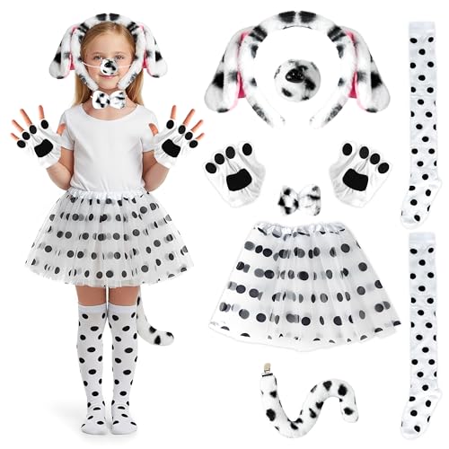 Girls Dalmatian Costume -8Pcs Dalmatian Costume Kids with Puppy Accessories for Skirt Ears Headband Choker Tail Nose Gloves Socks Bow Tie for Xmas 101 Days of School Animal Cosplay Party Outfit Favor