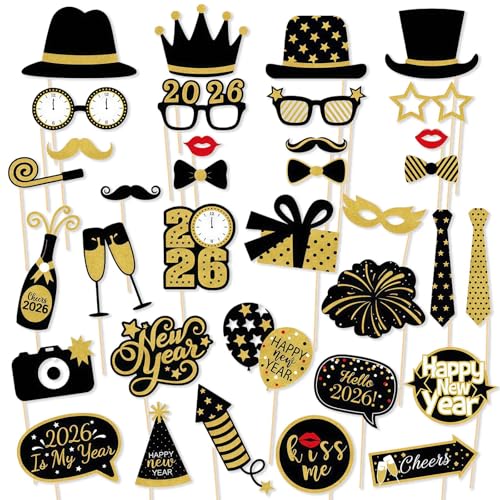 35PCS Silvester Deko 2026 Happy New Year Fotopropen Party Accessoires Lustige Foto Requisiten für Silvesterfeier & Neujahrsparty