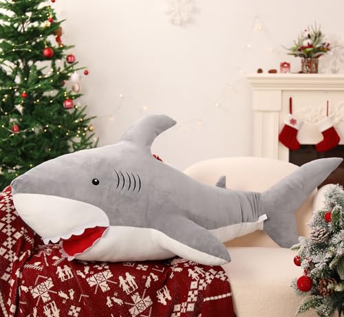 Image of MorisMos 51inch Giant Shark Stuffed Animal, Large Shark Plush Pillow, Giant Shark Plush Toy, Soft Ocean Animal Stuffed Animal Shark Pillow for Kids, Adults, Boys, Girls, Shark Lovers, Gray