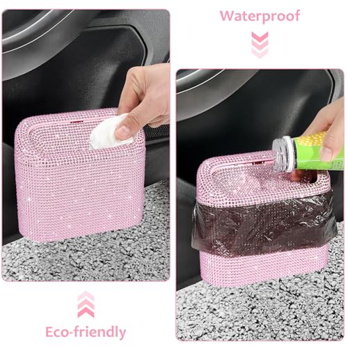 Image of Accmor Bling Car Trash Can with Lid, Leak-Proof Mini Vehicle Trash Bin Automotive Dustbin Organizer Storage, Sparkling Crystal Trash Bag Container with 30pcs Garbage Bags for Car, Home, Office (Pink)