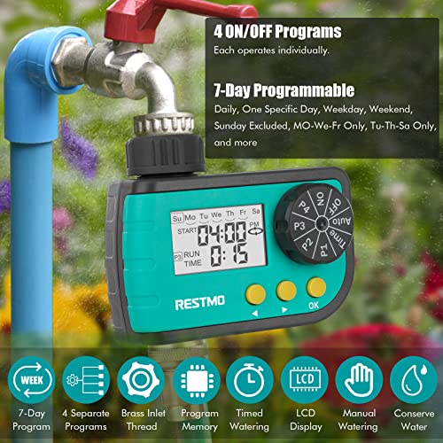 Restmo Water Timer, 7 Day Programmable Sprinkler Timer, Digital Hose Timer With 4 Separate Program, Ideal For Garden Lawn & Outdoor Plant Watering And Drip Irrigation System, Automatic/Manual Control #TOP1