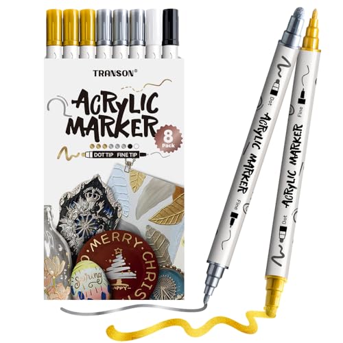 TRANSON 3 Gold, 3 Silver, 1 Black and 1 White Paint Markers Bold and Fine Dual-tip Acrylic Paint Marker Set for Rock Painting Glass Canvas Wood Leather Ceramic Painting
