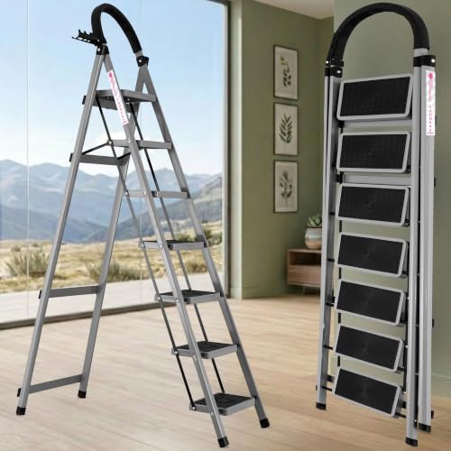Image of Casa Copenhagen Grey 7 Step Ladder for Home Use with Built-in Tool Tray | Heavy Duty D Shape Rods | Ultra Large Platform | Wide Rubber Feet | 150Kg Capacity Foldable Ladder - 7 Years Warranty
