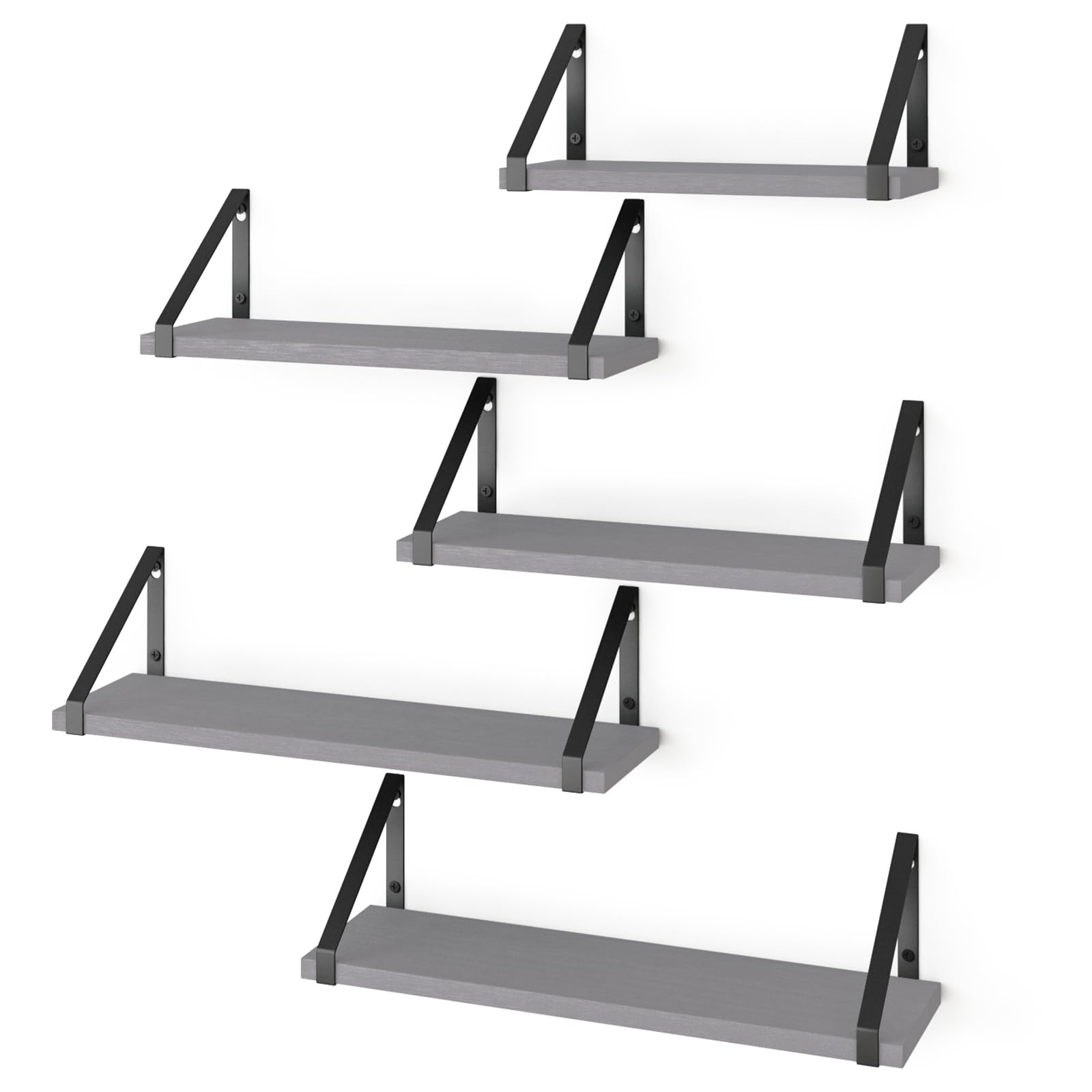 Photo 1 of Fixwal Floating Shelves, Gray, Width 4.7 Inches, Wall Mounted Shelves, Set of 5, Rustic Wood Storage Bookshelves, Farmhouse Decor Grey