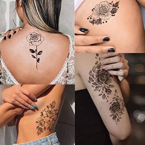 Tazimi 10 Sheets 3D Black Flower Rose Temporary Tattoos For Women, Waterproof Fake Body Art Arm Sketch Tattoo Stickers For Women Girls #TOP2