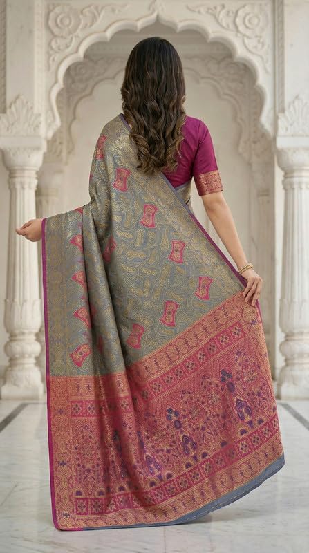 Image of C J Enterprise Women's Pure Soft Silk Saree With Blouse Piece For Wedding (Damru-Patola)