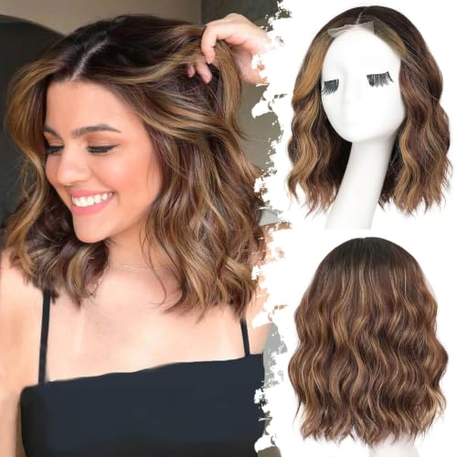Image of Eawwii Wigs for Women Brown Highlight,Short Wavy Synthetic Lace Wig