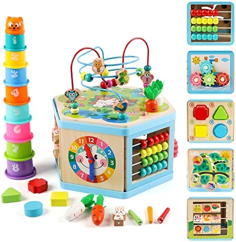 Vomocent Wooden Activity Cube for 1 Year Old Kids, Educational Learning Bead Maze for Toddler Age 1-3, Developmental Montessori Toys for 12-36 Months Boys Girls Gift