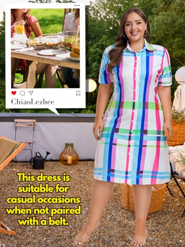 Image of ChiaoLezhee Plus Size Shirt Dress, Colorful Plaid Match Waistband, Fits 1XL-5XL