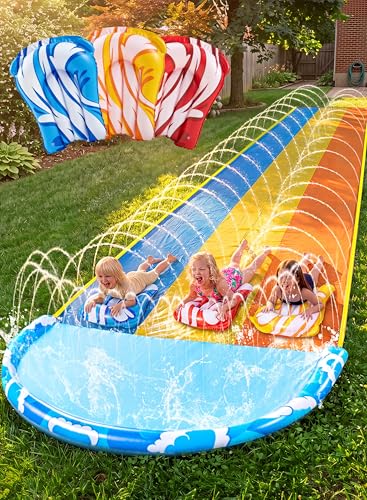 Sloosh 22.5ft x 82in Waves Triple Lawn Water Slide,Heavy Duty Lawn Water with 3 Body Boards and Slip Sprinkler for Kids Adults Backyard Summer Outdoor
