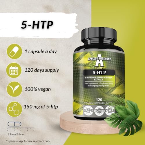 5-HTP 150 mg pro Kapsel - 120 vegane Kapseln - 4 Monatsvorrat - Griffonia simplicifolia Samen Extrakt - Verbessert die Stimmung und das Wohlbefinden - Nahrungsergänzungsmittel von Apollo's Hegemony – Bild 4
