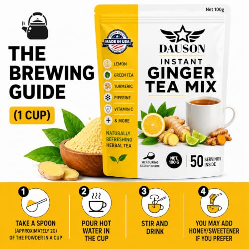 Image of Ginger Tea Powder Mix for Digestion, Detox & Immune Support with Turmeric, Lemon, Licorice Root, Green Tea & Vitamin C, Herbal Tea Blend, Vegan, Caffeine Free, 50 Servings
