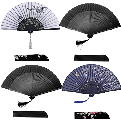 iZoeL 4 pièces Eventail Japonais Eventail Mariage/Pliant Ventilateur/Bois Tissus Poche Pliante/Demoiselles/Chinoise/Danse/Fete/Cadeaux Mariage/Fête Decorer -...
