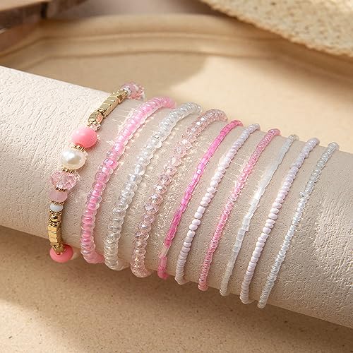 Handmade Multicolor Bohemian Crystal Beaded Bracelets Set Multilayer Stackable Boho Charms Stretch Layered Bead Adjustable Bangles Strand Jewelry for Women3