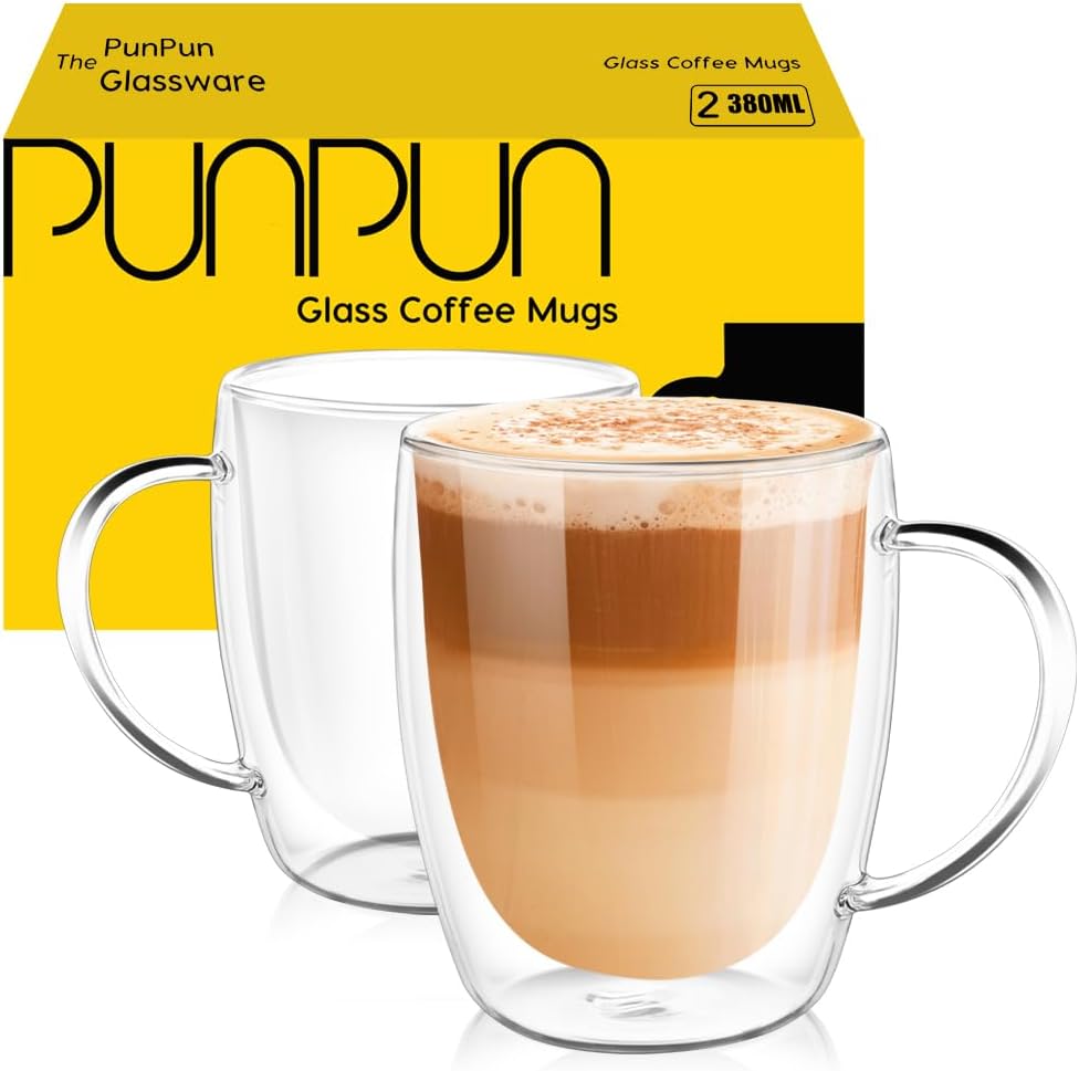 – Coffee Cups Clear Coffee Mugs, Espresso Cups,Double Wall Glass Coffee Mugs with Big Handle, Clear Mugs,Perfect Glass Mugs for Hot Beverages, Latte, Cappuccinos.(380ml/Set of 2)