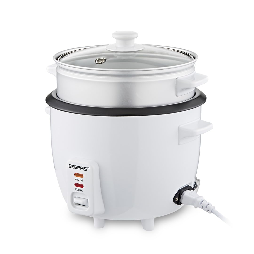 Geepas 450W Rice Cooker & Steamer with Keep Warm Function, 1L | Automatic Cooking, Non-Stick Inner Pot | Make Rice & Steam Healthy Vegetables | Includes Measuring Cup, Spatula & Detachable Power Cord