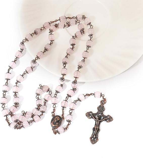 Nazareth Store Natural Stone Beads 8mm Rosary Necklace Antique Copper Design Holy Soil Medal & Cross in Velvet Bag - Catholic Rosaries Terra Santa Jerusalem Collection2