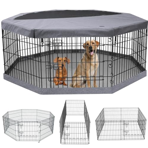 Image of PETIME Foldable Metal Dog Exercise Pen /Pet Puppy Playpen Kennels Yard Fence Indoor /Outdoor 8 Panel 24 inch W with Top Cover and Bottom Pad (Playpen+Bottom+Top Cover, 8 Panels 36 inch H)