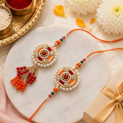 Image of eCraftIndia Designer Bhaiya Bhabhi Rakhis with Roli Chawal Pack and Raksha Bandhan Greeting Card - Rakhi for Brother, Bhaiya, Bhai