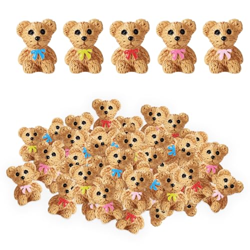 Lyreh 50pcs Mini Ours en Peluche, 5 Couleurs Nœud Papillon Mini Ours Résine Figurine Miniature Mignonne Petits Animaux en Résine pour Jardin Féerique Maison de...