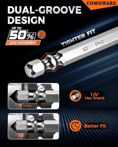 Image of COMOWARE High Magnetic Screwdriver Drill Bit Set, 12PCS, #2 Anti-Slip Long Phillips Bits, S2 Steel, Chrome Plated for Rust Resistance, 1-6 inch Magnetic Impact Bits for Power Drill