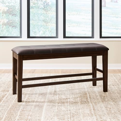 Image of Signature Design by Ashley Haddigan Casual Tufted Faux Leather Upholstered Counter Height Dining Bench with Oak Finish, Dark Brown