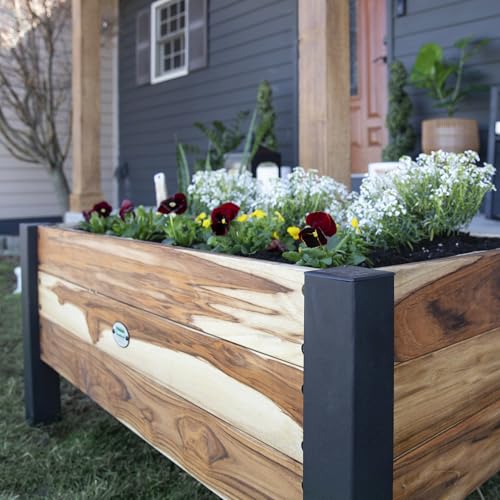 Image of Backyard Discovery 48 inch Teak Wood Garden Bed Planter Box with Galvanized Steel Legs, Mesh Liner for Outdoor Gardening, Patio, Balcony, Deck, Porch