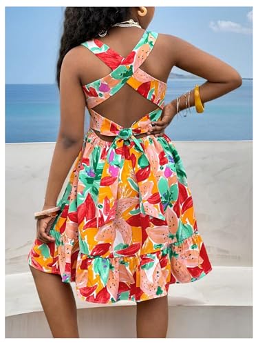 Girl's Tropical Bowknot Open Back Vacation Dresses Smocked Cut Out Sleeveless Flowy Short Dress2