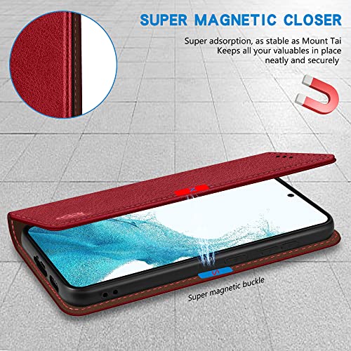 Image of ZZXX for Samsung Galaxy S22 Wallet Case with [RFID Blocking] Card Slot Stand Strong Magnetic Leather Flip Fold Protective Phone Case for Samsung Galaxy S22 Case Wallet(Red-6.1 inch)