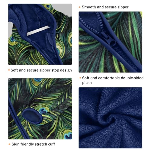 Watercolor Peacock Feathers Toddler Fleece Jacket Girl Boys Hooded Fleece Jacket Coat Warm Outwear Zip-up 3-10T3