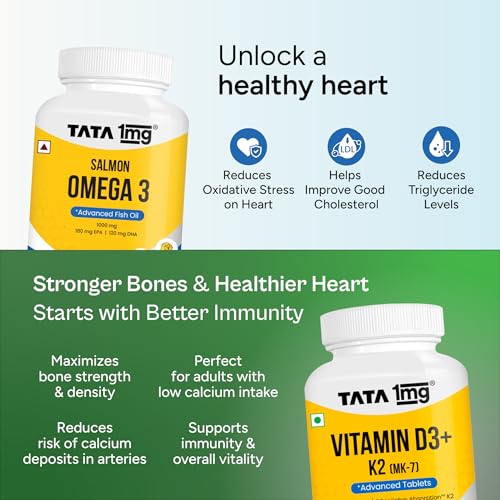 Image of Tata 1mg Vitamin D3+K2, 120 Tablets + Tata 1mg Salmon Omega, 120 Tablets