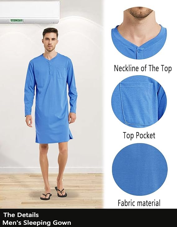 Mucwer Men's Cotton Long Sleeve Nightshirts （46in-48in）,Long Sleeve Nightgown With Kangaroo Pocket（S～4XL）3