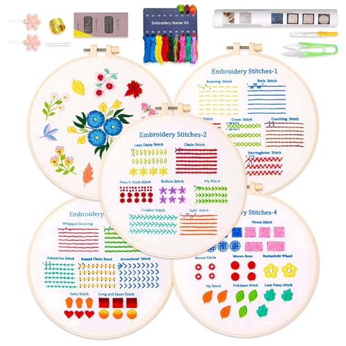 BREENHILL Embroidery Kit for Beginners, 5 Sets with Practice Kit, White Fabric, Tutorial Instructions, Art Craft Kit for Adults & Kids