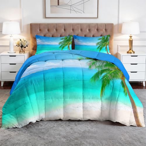 Genérico Azul Edredón Nórdico Playa Panorámica Plantas Palmeras Trapunta con Acolchado en Diamante, Microfibra Premium, Suave y Transpirable – Todo en Uno, Set de Ropa de Cama 150 x 220 cm 3 Piezas