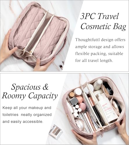 Image of Travel Makeup Bag, Large Capacity Puffy Toiletry & Cosmetic Bag for Women | 3 PCS Open Flat Quilted Makeup Cosmetic Organizer, Waterproof w /Clear Divider Portable Pouch for Skincare Travel Essentials
