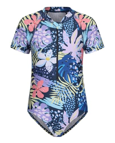 Image of Girls One Piece Swimsuits Short Sleeve Rash Guard for Girl Hawaiian Bathing Suit with Sun Protection Beachwear