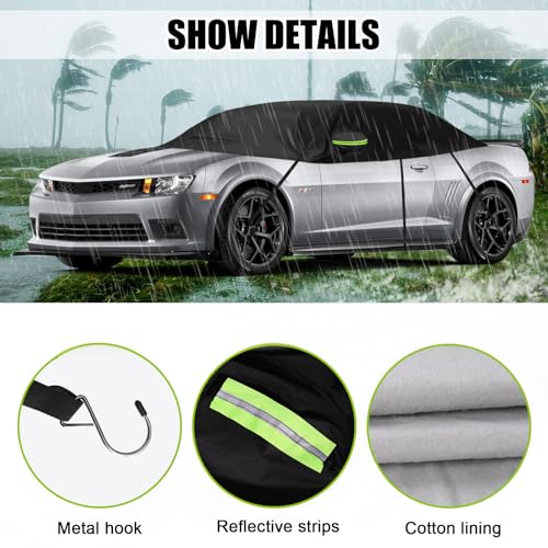 Image of Half Car Cover Compatible with Chevrolet Camaro 2010 2023, Winter Windshield Cover with Side Mirror Cover, Top Roof Protector for Snow Ice Hail Rain Sun Protection
