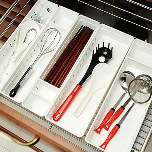 4 Pack Desk Drawer Organiser Set - Plastic Make up Organisers Trays with Movable Plates to DIY Adjust Length, Storage Dividers Organisers Kitchen Drawer Insert for Desk Cutlery Cupboard Fridge (White)