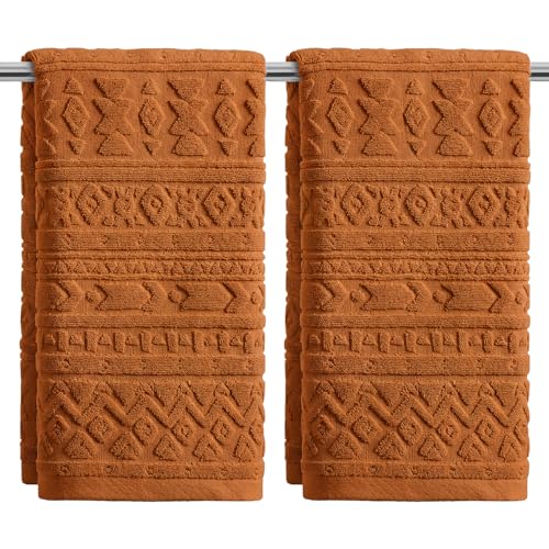 Artoid Mode 2 Pcs Caramel 3D Geometric Design Jacquard Hand Towels for Bathroom, 100% Cotton Soft Absorbent Bathroom Decor Towels, 13.7 x 29.5 Inch