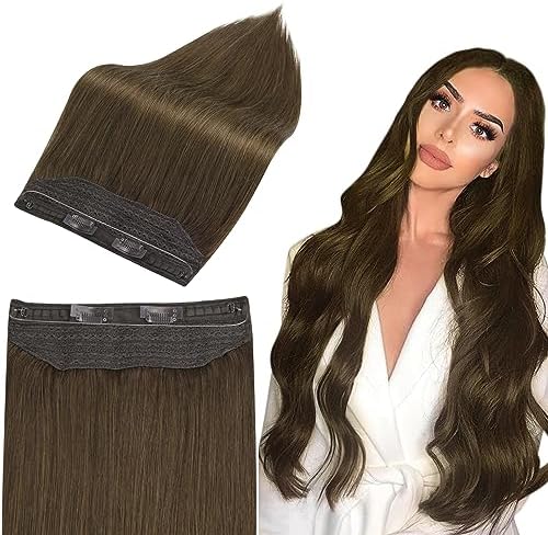 Full Shine Wire Hair Extensions Real Human Hair 50 Grams Brown Invisible Hair Extension With Wire Chocolate Brown Clip In Extensions With Transparent Fish Line One Piece Hair 10 Inch
