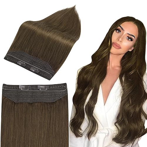 Full Shine Wire Hair Extensions Real Human Hair 50 Grams Brown Invisible Hair Extension With Wire Chocolate Brown Clip In Extensions With Transparent Fish Line One Piece Hair 10 Inch #TOP3