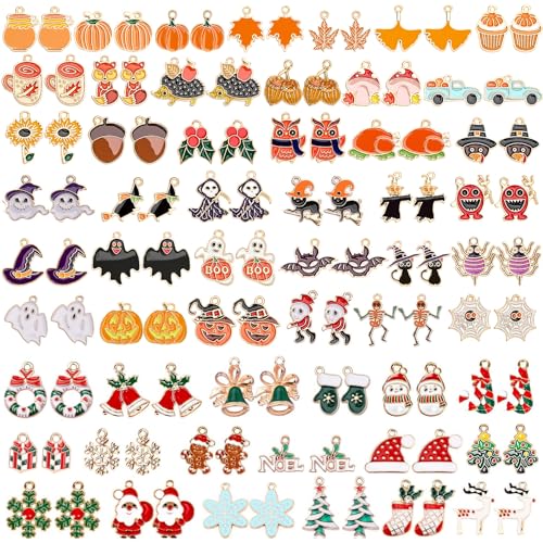SANNIX 110Pcs/55 Pairs Holiday Charms, Thanksgiving Fall Halloween Christmas Charm